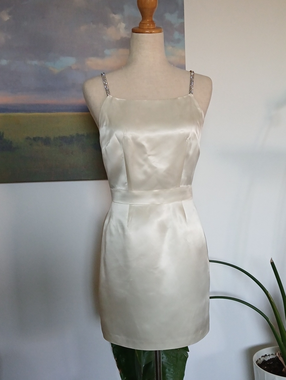 BCBG 90s Y2K Ivory Satin Mini Dress with Sparkly Straps